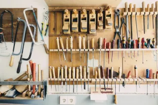 Tools arranged in a workshop