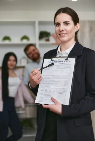 A woman holding a clipboard labeled Home Insurance Policy, with two seated adults in the background.